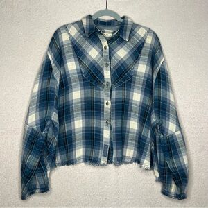 Free People Flowy Button Down Shirt Blouse-Blue Plaid-Women’s XS-Boho-Raw Hem